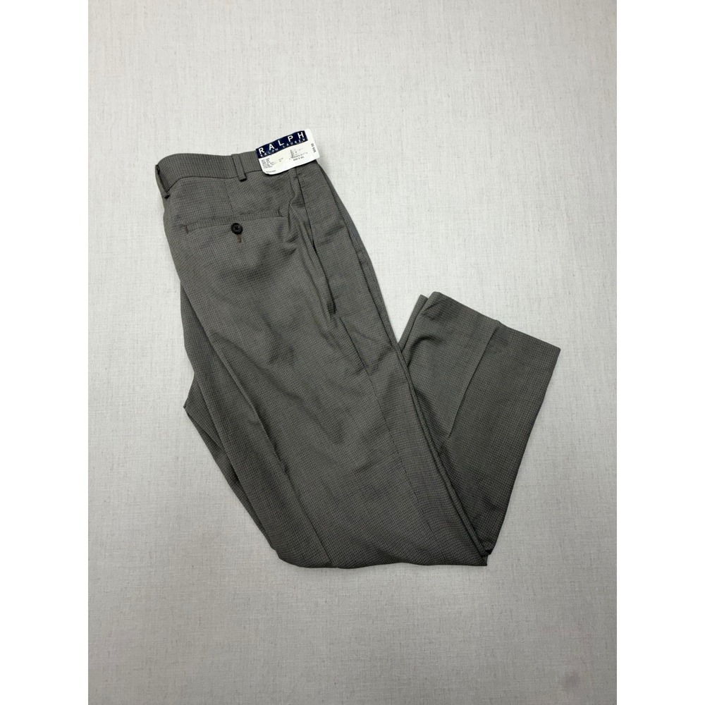 VTG Ralph Lauren Mens Dress Pants 40Wx 30L Taupe Grey Micro Check Flat Front NEW